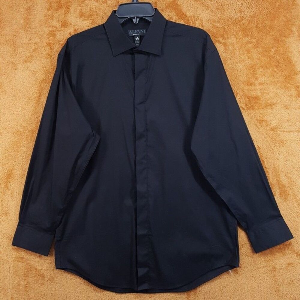 ALFANI Dress Shirt Mens Size 15 15.5 32 33 Solid Black Regular Fit Stretch